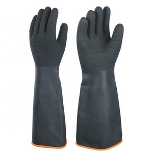 45cm Black Rough Wrinkled palm Heavy duty industrial Acid alkali oil resistance chemical hand safety work Black Rubber Gloves