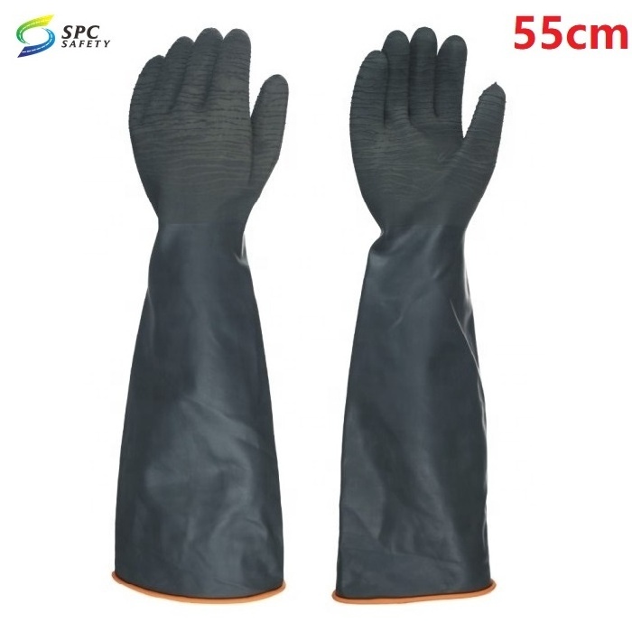 45cm Black Rough Wrinkled palm Heavy duty industrial Acid alkali oil resistance chemical hand safety work Black Rubber Gloves