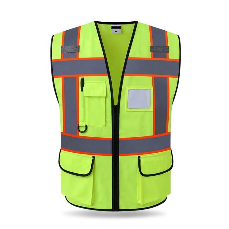 Multi-pocket construction engineering coat green sanitation security fluorescent customized printing reflective safety vest