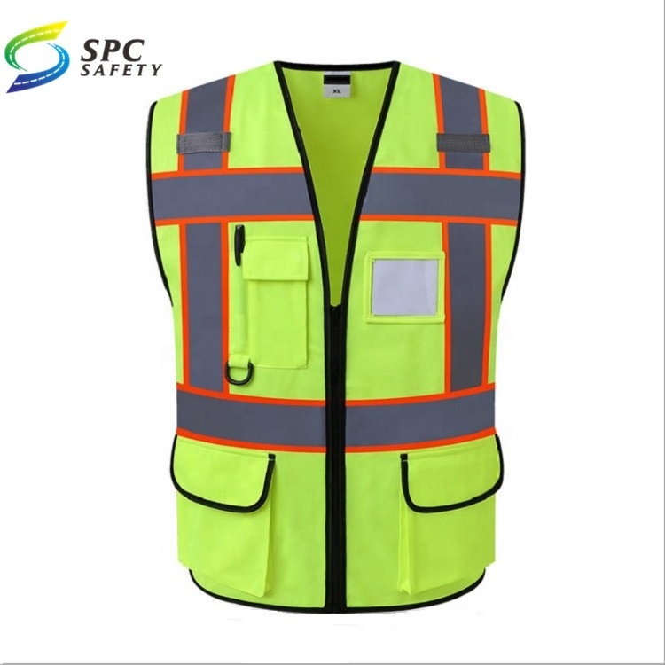 Multi-pocket construction engineering coat green sanitation security fluorescent customized printing reflective safety vest