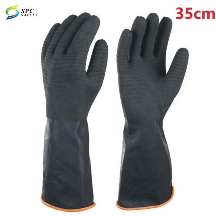 45cm Black Rough Wrinkled palm Heavy duty industrial Acid alkali oil resistance chemical hand safety work Black Rubber Gloves