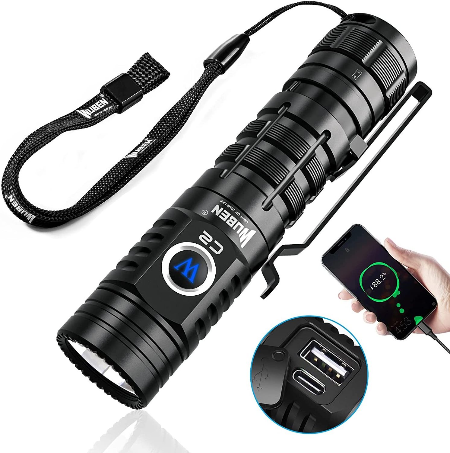 Wuben C2 2000lumen EDC Portable Torch  21700 18650 Power Bank Rechargeable Led Flashlight