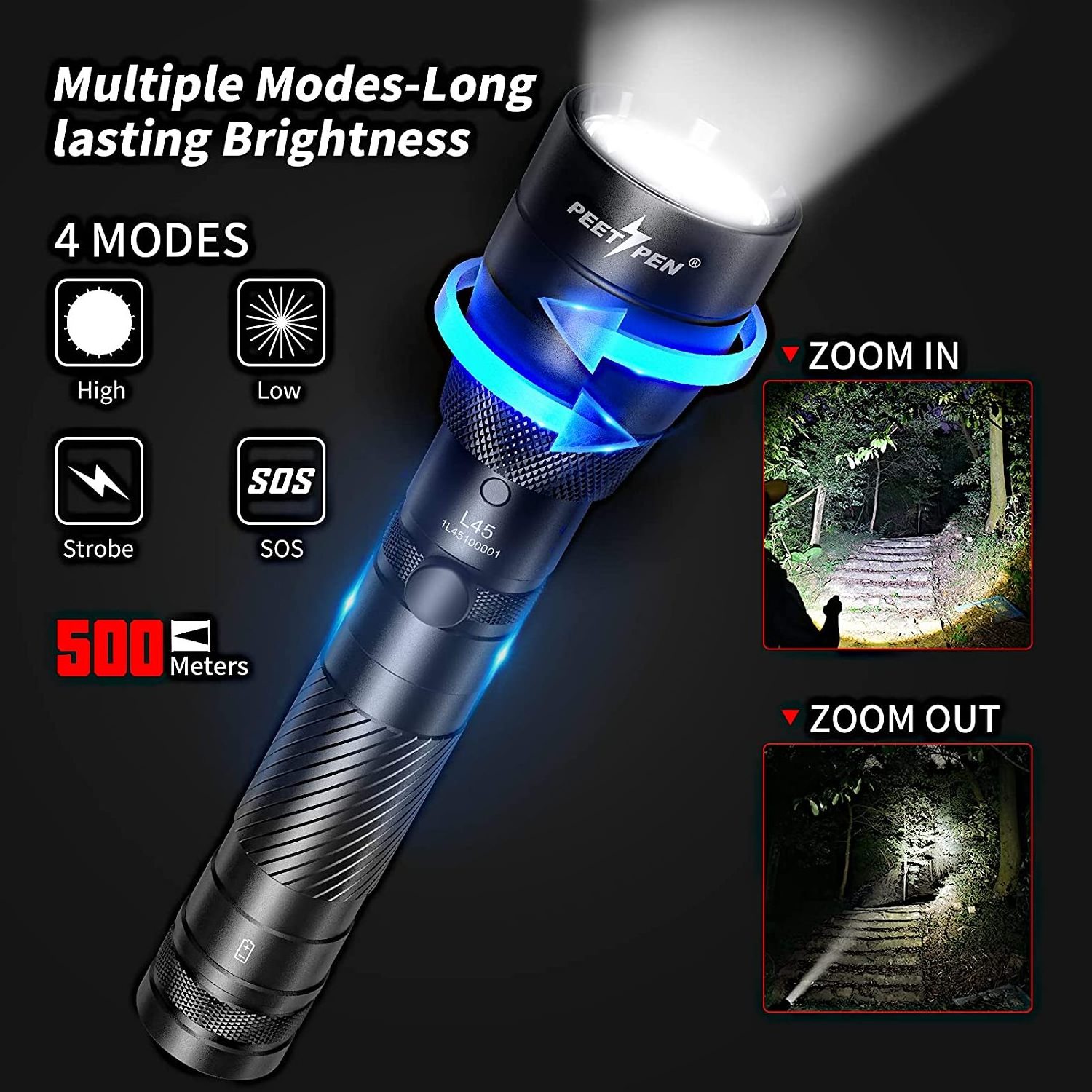 PEETPEN L45 super bright zoomable torch 18650 battery usb rechargeable zoom flashlight