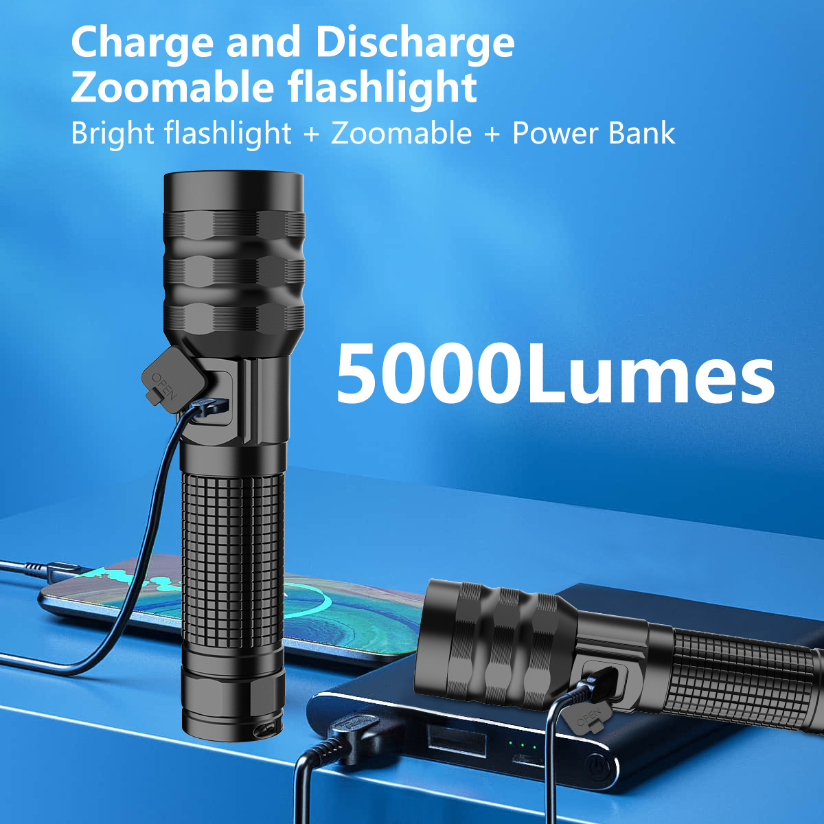 5000 lumen Power Bank Outdoor flashlights camping rechargeable Zoomable powerful flashlight