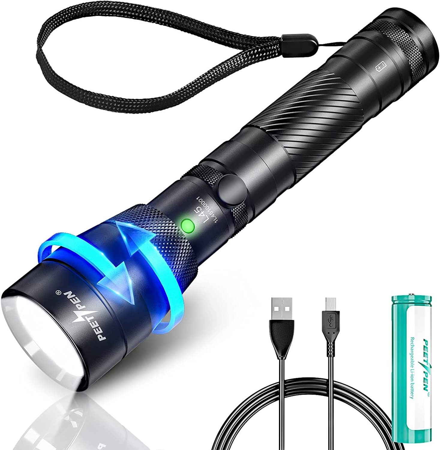 PEETPEN L45 super bright zoomable torch 18650 battery usb rechargeable zoom flashlight