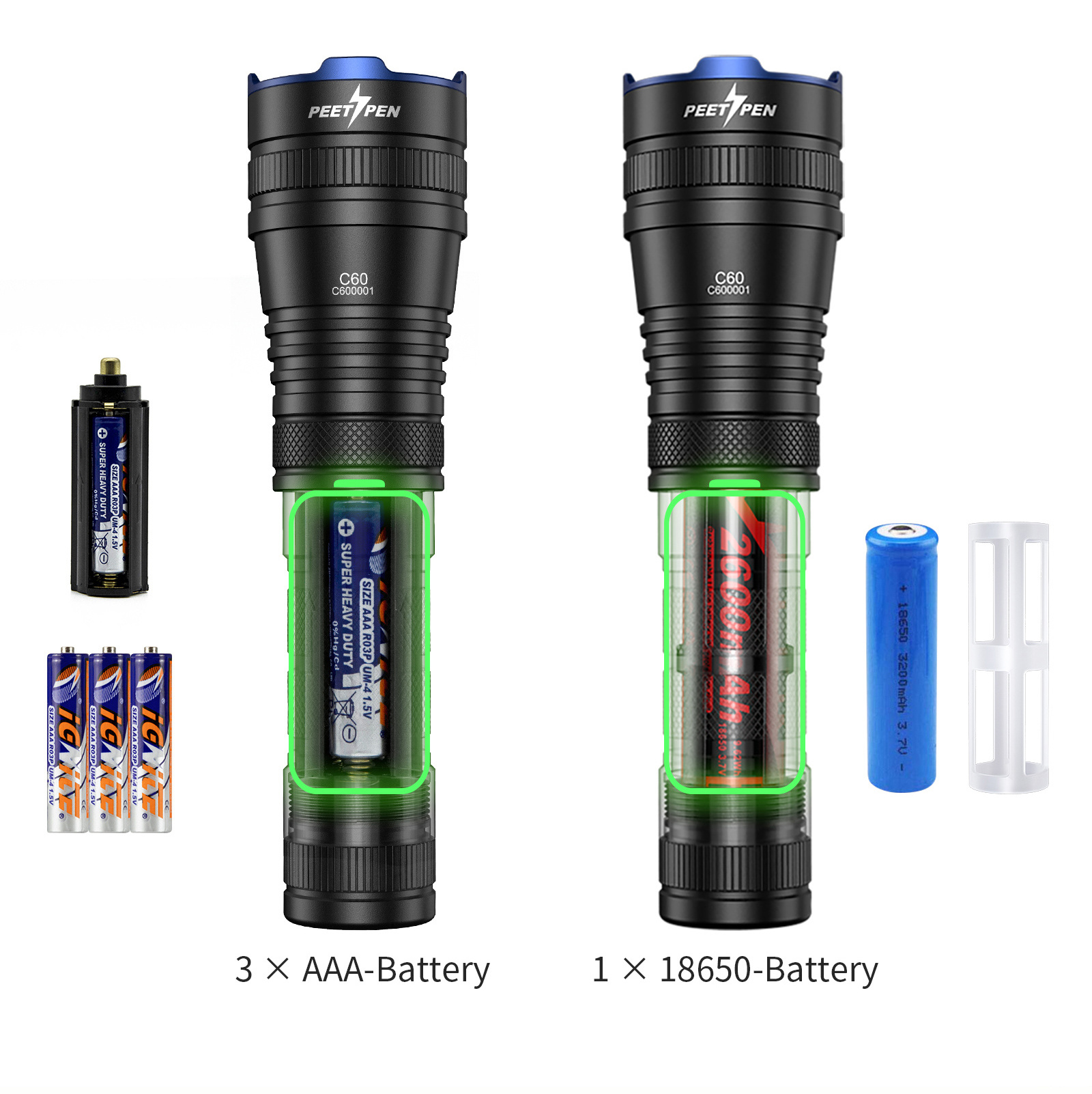 1000 Lumens Zoomable Torch IPX6 Water-Resistant 4 Light Modes AAA 18650 Battery LED Flashlight