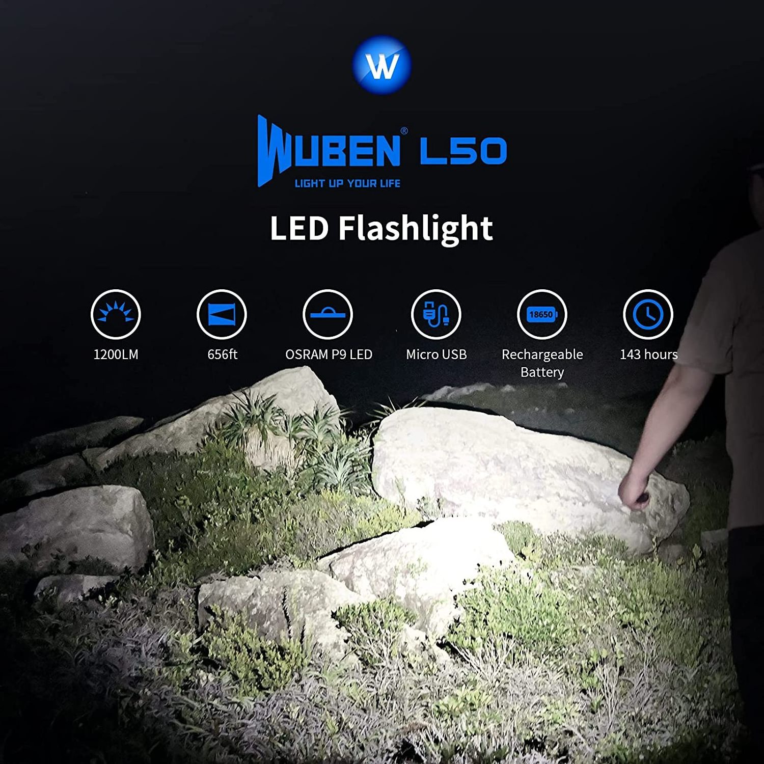 Wuben Powerful 1200 Lumen Flash Light Self Defense Rechargeable High Power Torch Led Tactical Flashlight