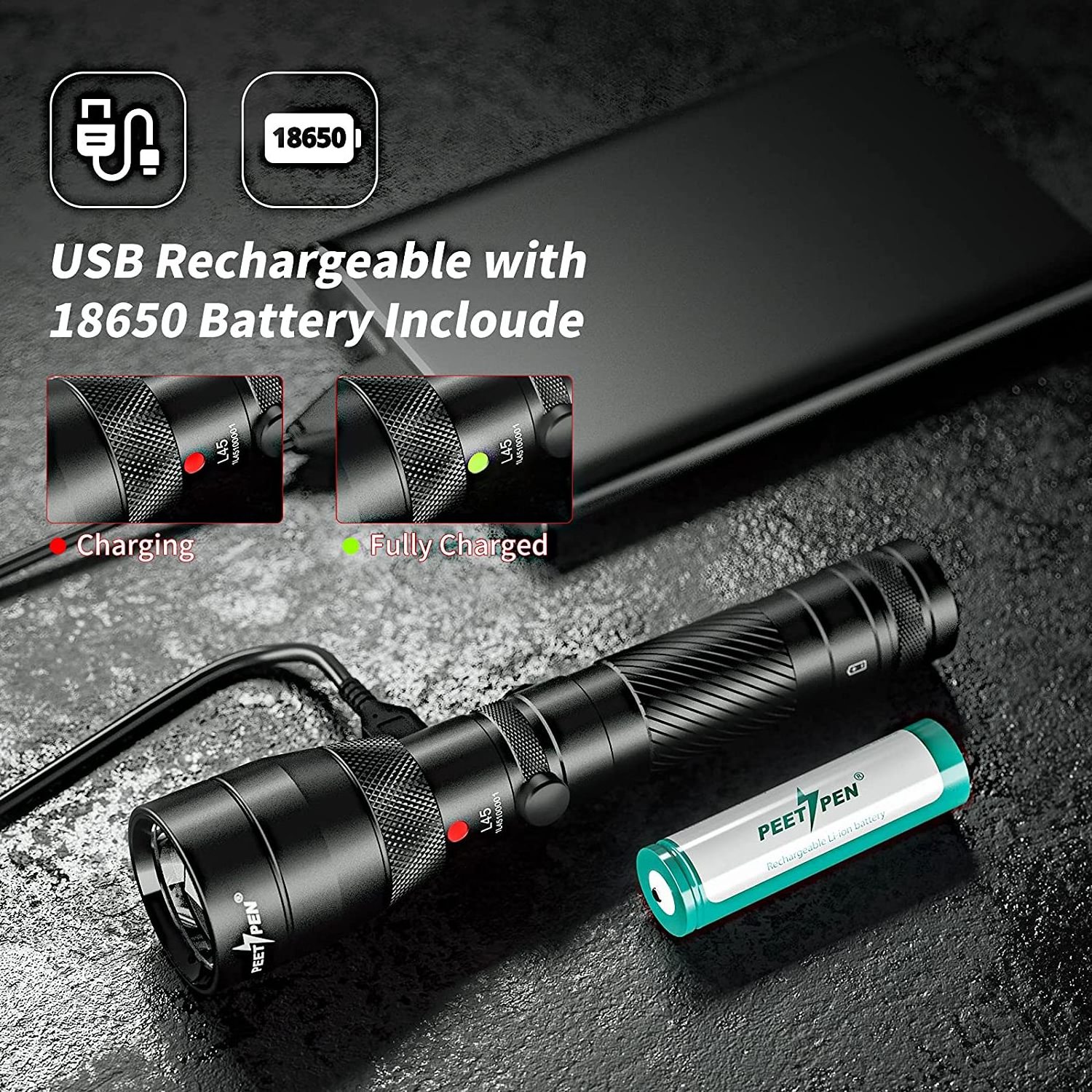 PEETPEN L45 super bright zoomable torch 18650 battery usb rechargeable zoom flashlight