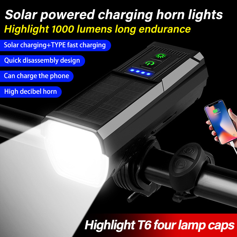 1000 lumens horn light remote solar bicycle light Power bank solar bike light