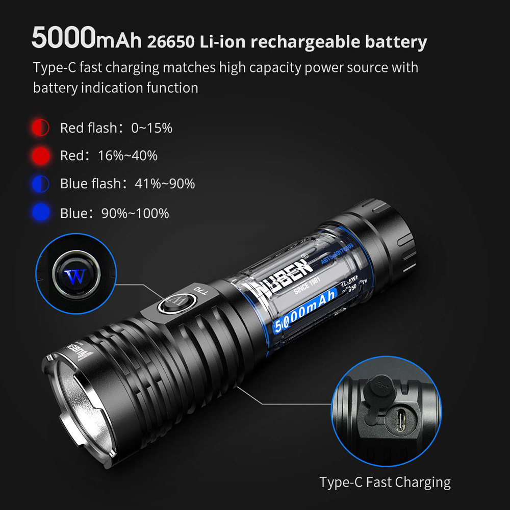 WUBEN High Power Flashlight 4200 Lumens IP68 Waterproof Torch Rechargeable Tactical LED Flashlight