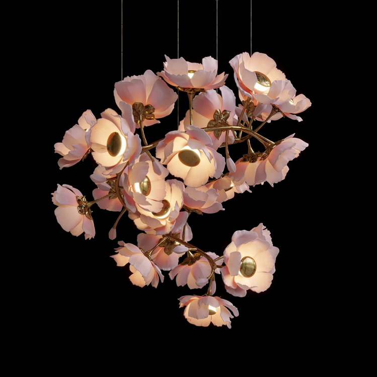 New Product Indoor Decoration Light Custom Flower Led Chandelier Villa Staircase Wedding Glass Modern Nordic Pendant Light 80