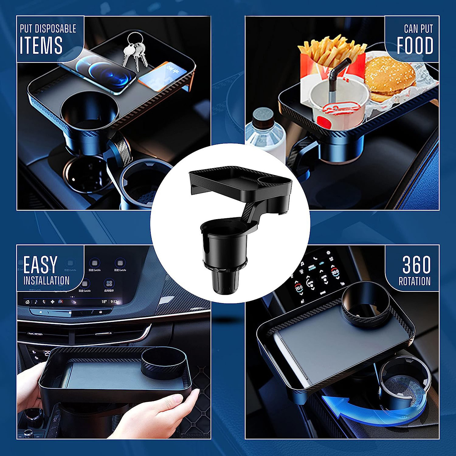 Cup Holder Expander for Car, RV, Semi-Truck, and Van Detachable 360 Rotatable Tray Table Car Organizer for Long Road Trips -