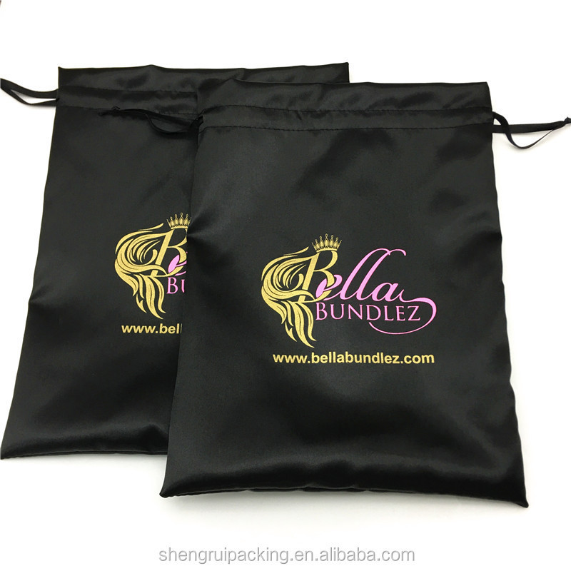 Custom satin wig bags hair packaging black silk satin hair weave bags with gold logo