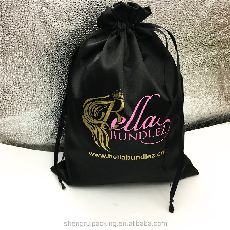 Custom satin wig bags hair packaging black silk satin hair weave bags with gold logo