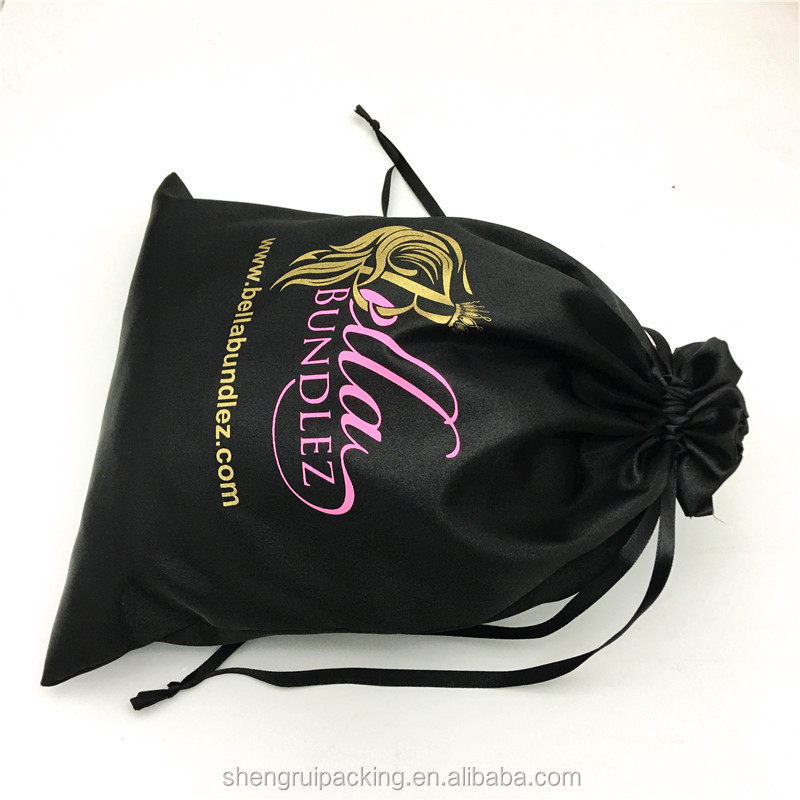 Custom satin wig bags hair packaging black silk satin hair weave bags with gold logo