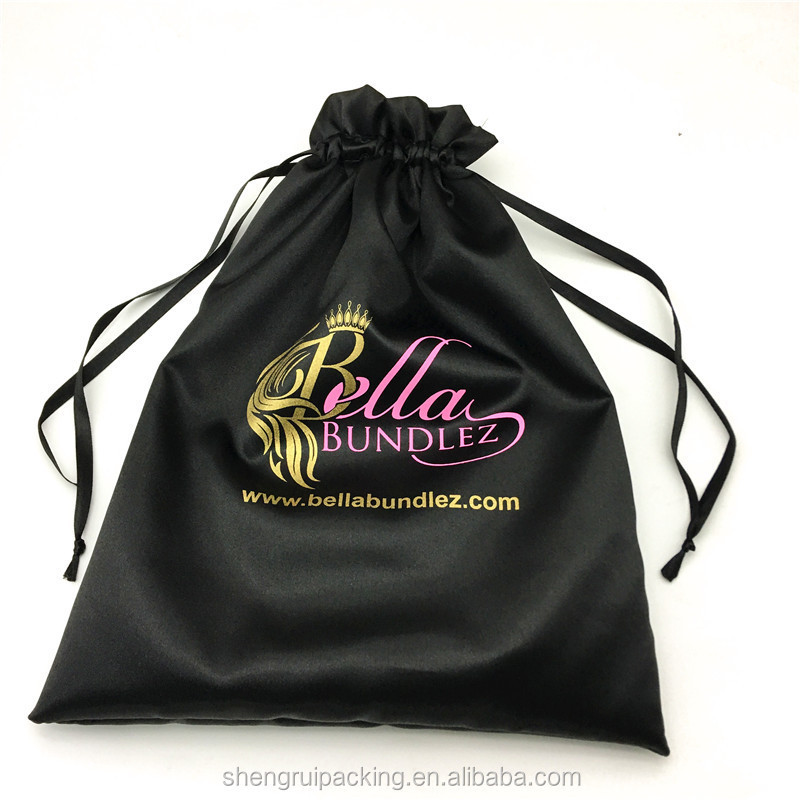 Custom satin wig bags hair packaging black silk satin hair weave bags with gold logo