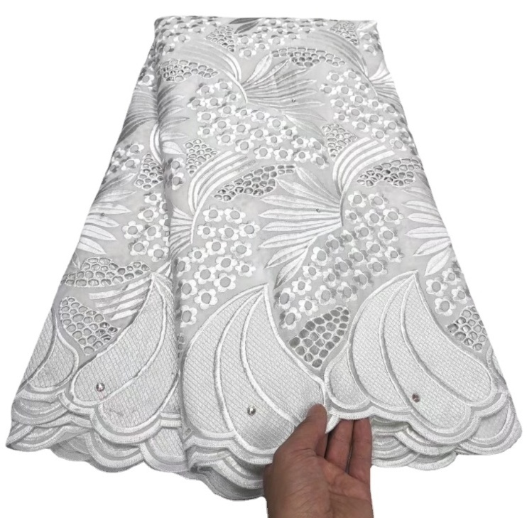 Cheap price !!2021 Nigerian Cotton Lace Fabric With Stones High Quality White Color Swiss Voile Lace