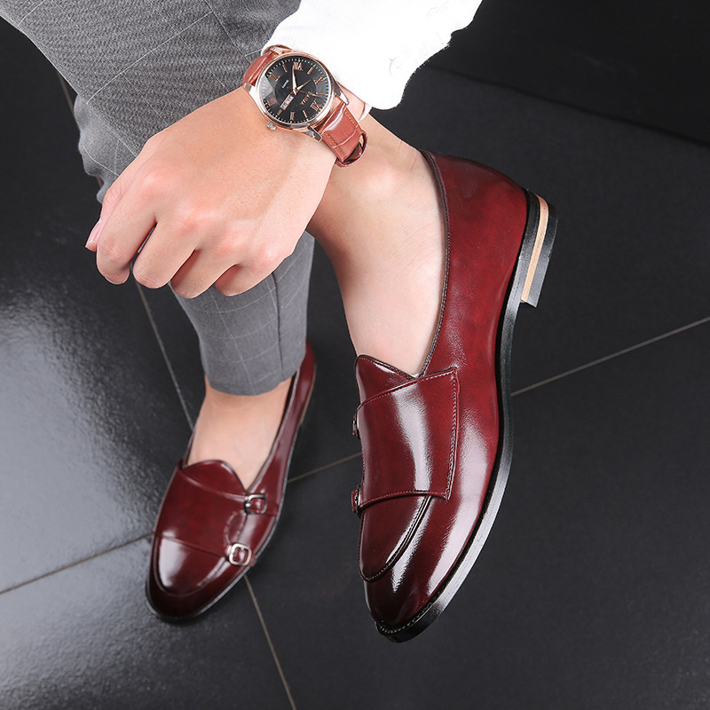 Big size 38-48 Men double monk strap shoes men casual leather pointed toe flat shoes D22