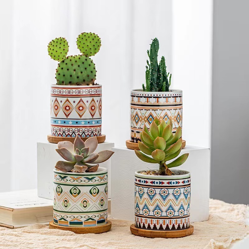 Custom interior home decorations small mini flower pot ceramic succulent pots planter cactus pot with drainage and bamboo tray