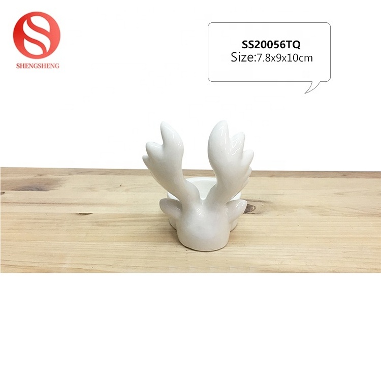 Christmas Reindeer Head Design Handmade White Ceramic Deer Tealight Candle Holder