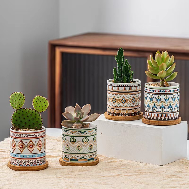 Custom interior home decorations small mini flower pot ceramic succulent pots planter cactus pot with drainage and bamboo tray