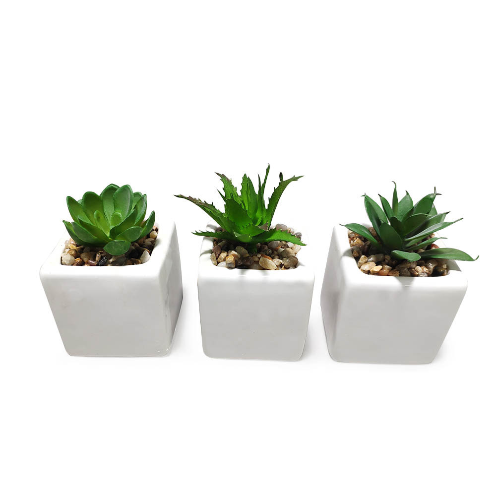 Hot sale small square white ceramic flower pot with artificial succulent plant