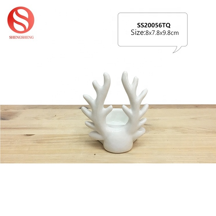 Christmas Reindeer Head Design Handmade White Ceramic Deer Tealight Candle Holder