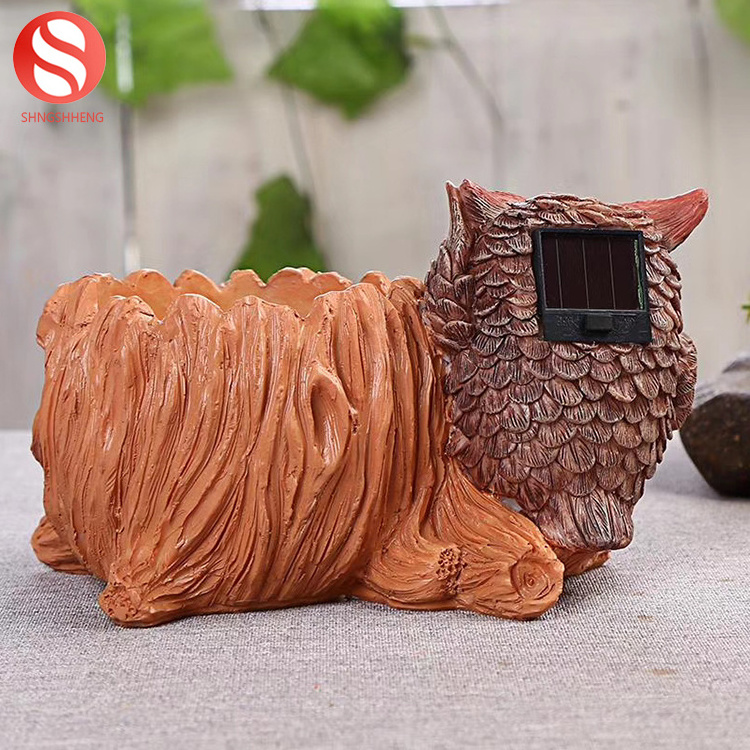 Garden ornament resin owl flower pot with solar light