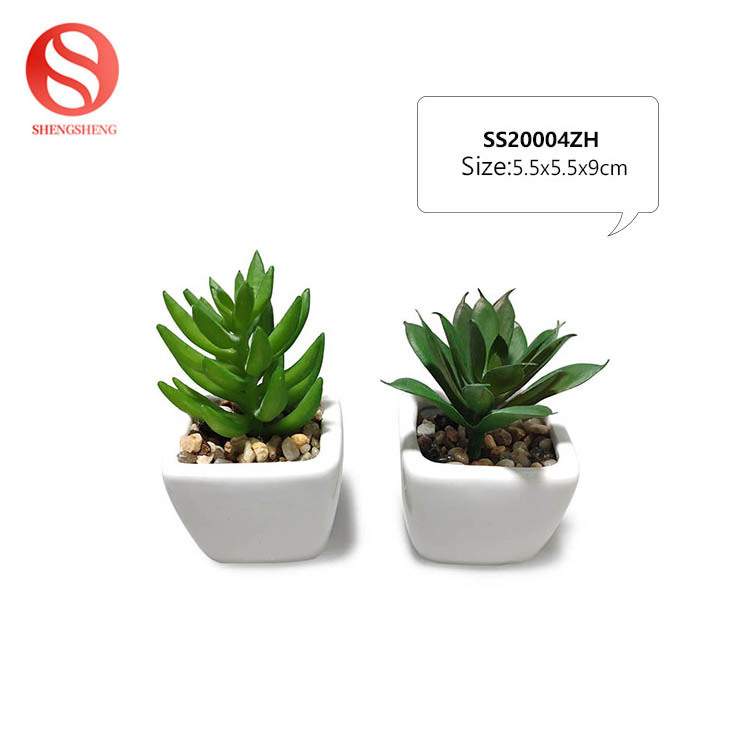 Hot sale small square white ceramic flower pot with artificial succulent plant