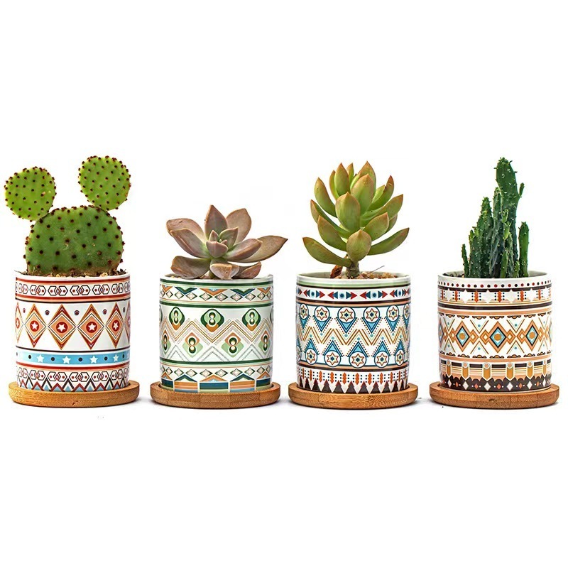 Custom interior home decorations small mini flower pot ceramic succulent pots planter cactus pot with drainage and bamboo tray