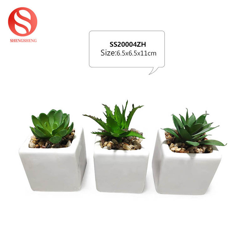 Hot sale small square white ceramic flower pot with artificial succulent plant