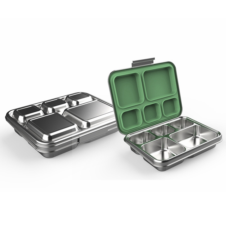 Newest Design Leakproof Stainless Steel Bento Box Silicone Lunch Box 5 Compartments Steel Lunchbox With Lid