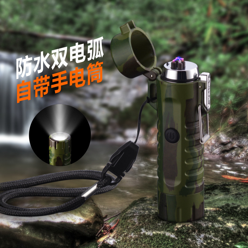 Usb Rechargeable Led Flashlight Electric Lighter Waterproof Plasma Lighter Flameless Windproof Arc Lighter Camping Accessories