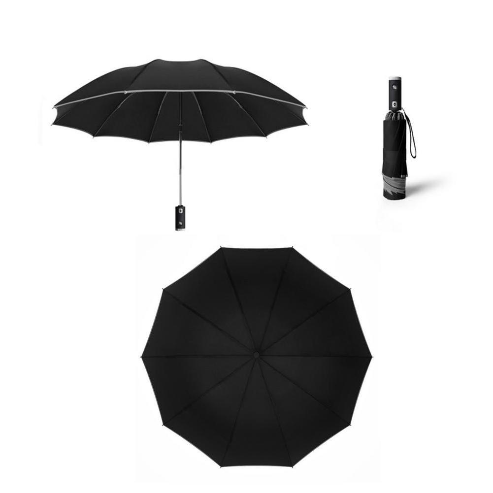 Factory 10k Fully Automatic Umbrella With Reflective Strip Uv Proof Black Coating Large Windproof 3 Folding Umbrellas