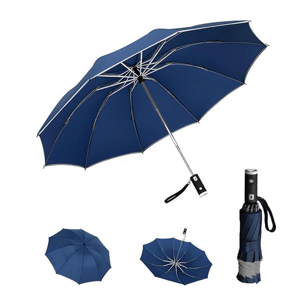 Factory 10k Fully Automatic Umbrella With Reflective Strip Uv Proof Black Coating Large Windproof 3 Folding Umbrellas