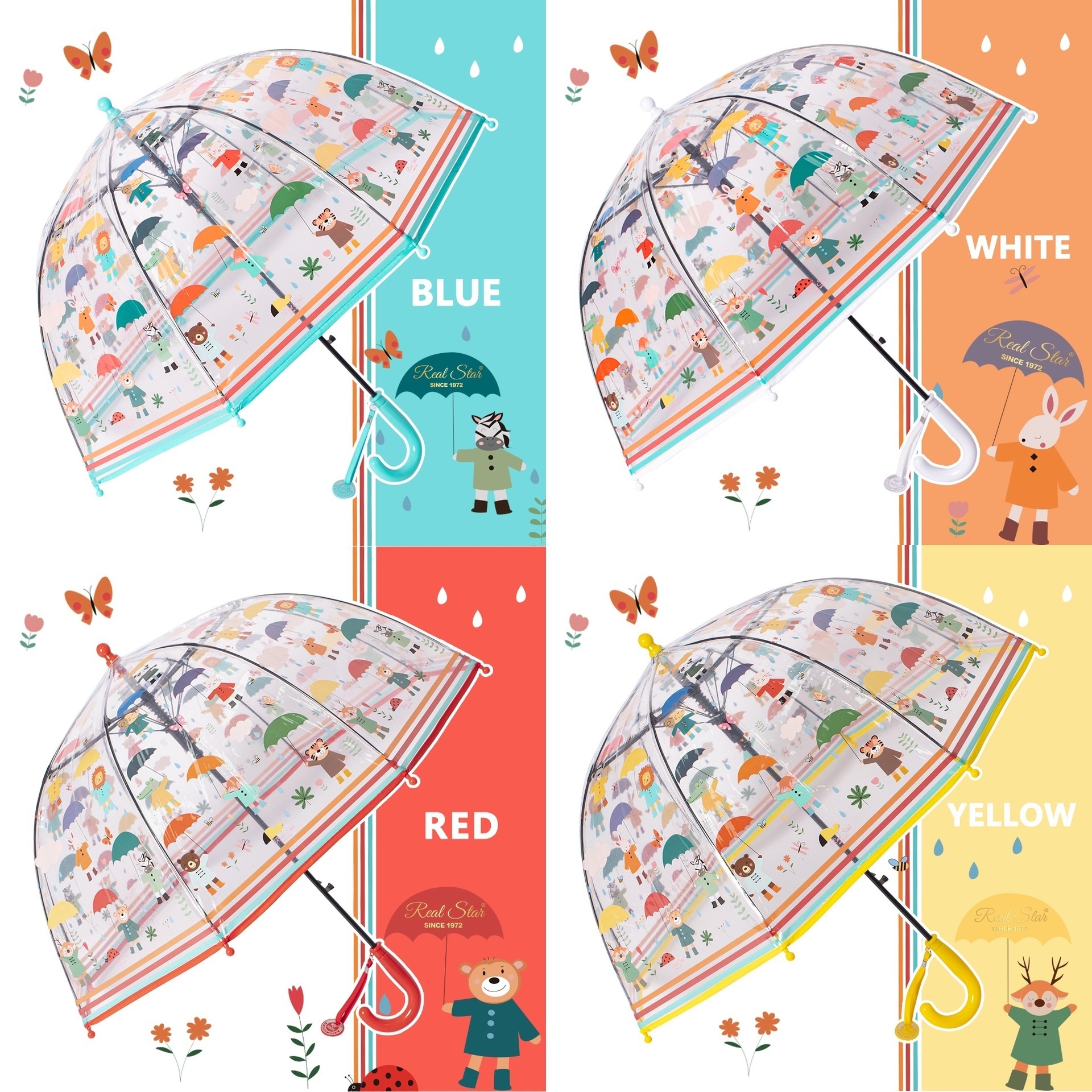 One-piece Clear Pvc Dome Bubble Umbrella Kids Transparent Carton Rain Umbrella With Easy Grip Handle