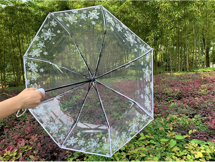 Transparent Three Folding Umbrella Women Fresh Rain-proof Girl Pink Love Heart Manual Travel Rain Umbrella