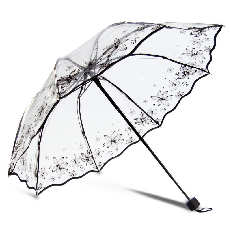 Transparent Three Folding Umbrella Women Fresh Rain-proof Girl Pink Love Heart Manual Travel Rain Umbrella