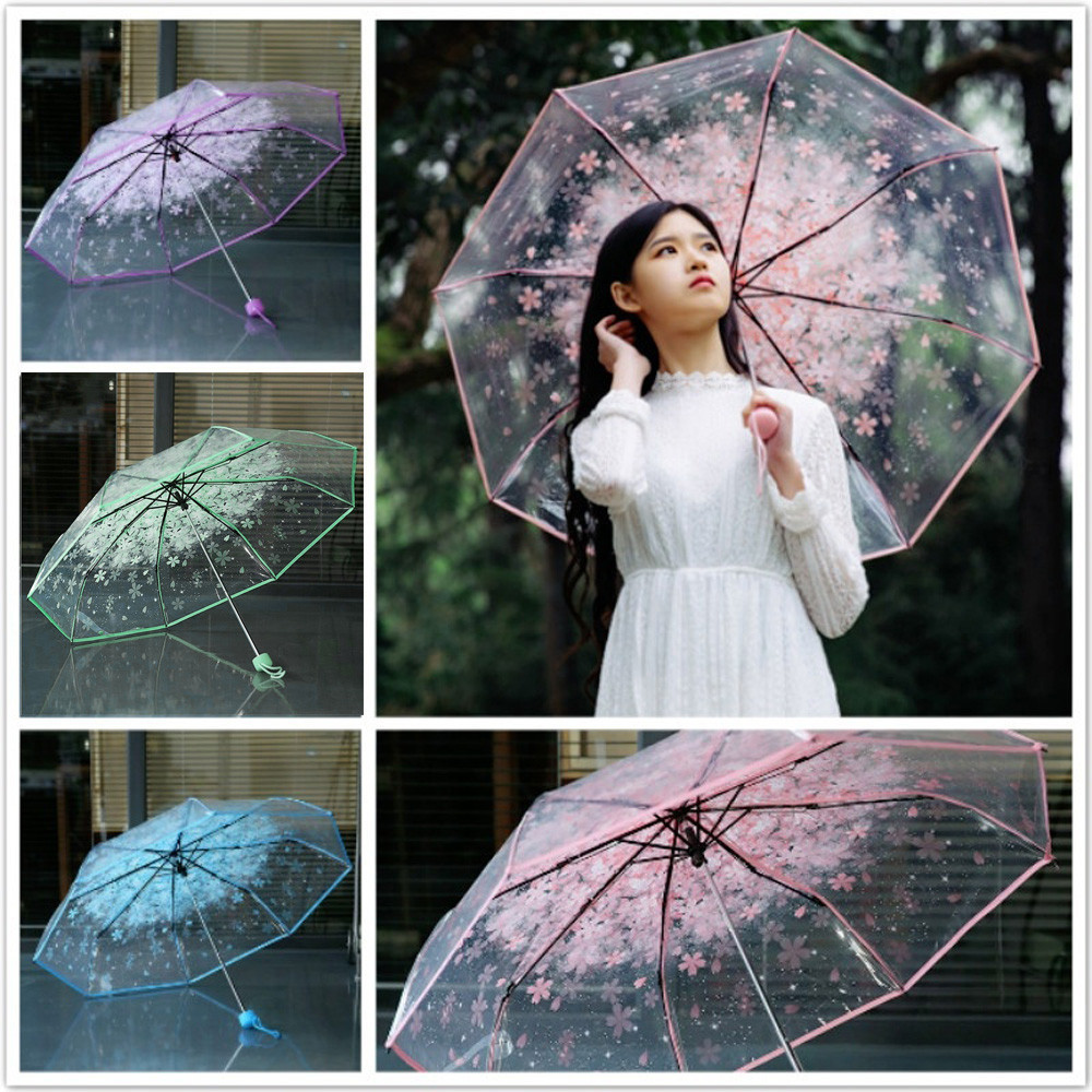 Cute Flower Clear Transparent Bubble Umbrellas For Kids Girls Boys Dome Stick Parasol Windproof Cherry Blossoms Umbrella