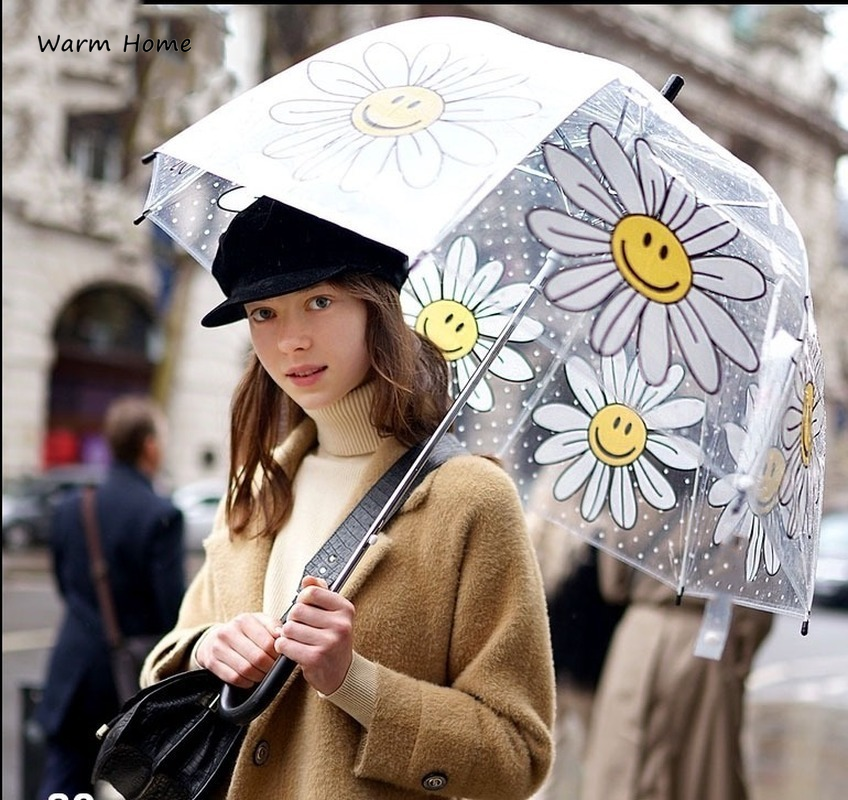 Children's Carton Transparent Parasol Dome Stick Umbrella Kids Bubble Clear Flower Rain Umbrellas