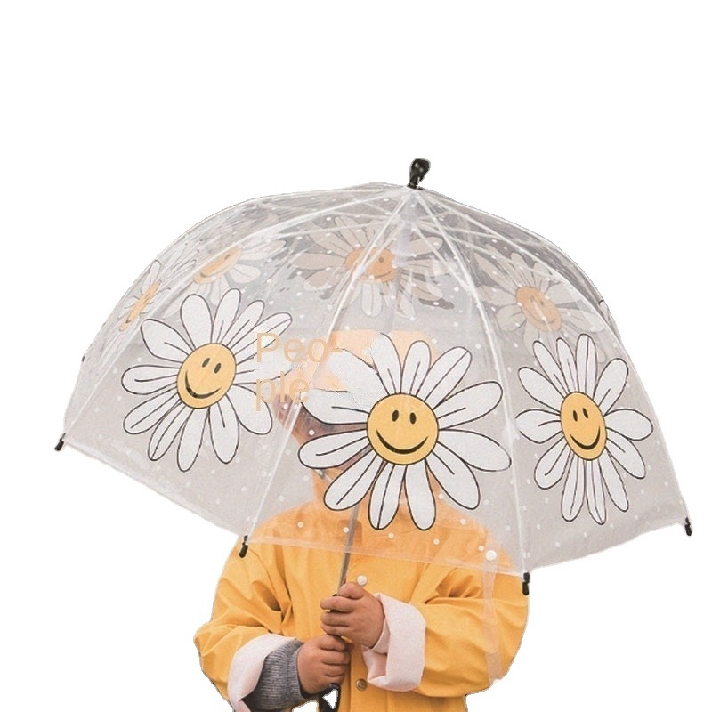 Children's Carton Transparent Parasol Dome Stick Umbrella Kids Bubble Clear Flower Rain Umbrellas