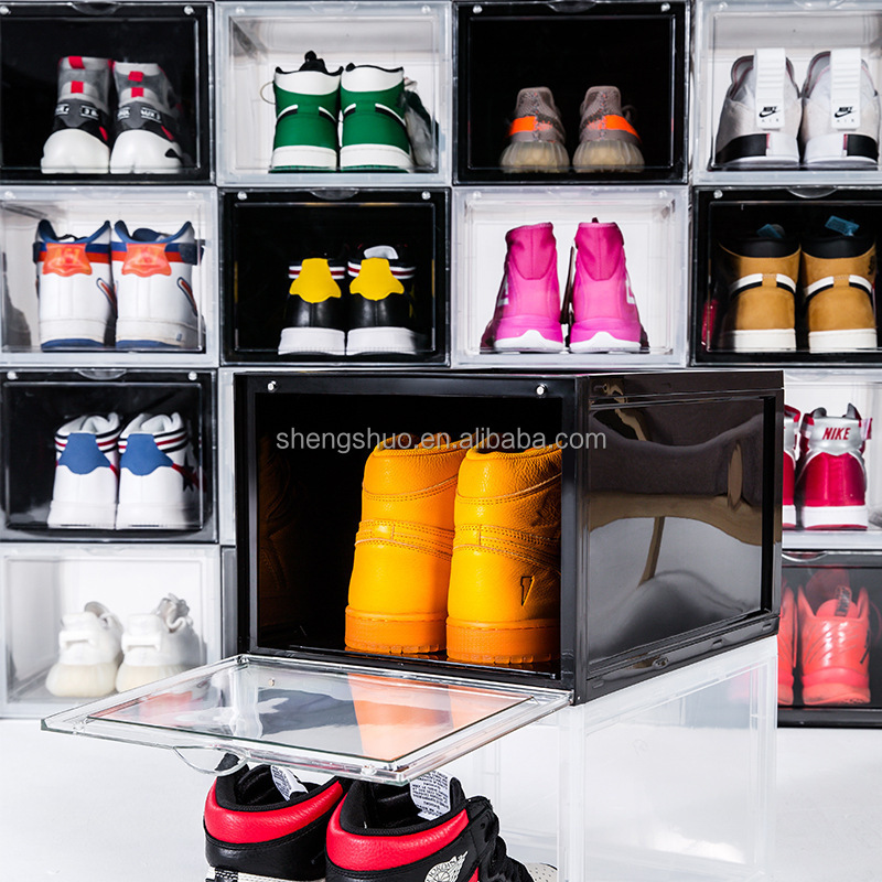 Customized Logo Stackable Shoe Storage Box Crates Modern Design Clear Foldable Plastic Sneaker Storage Box Shoe Box