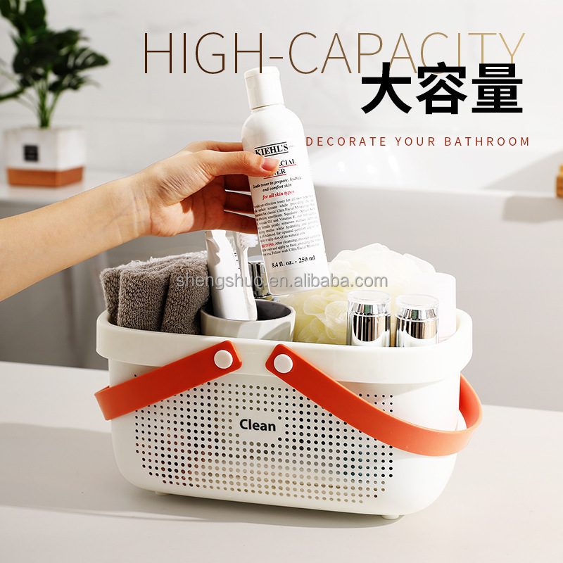 Bathroom Plastic Draining Basket Bath Tool Toiletries Cosmetic Hollow Storage Basket With Silicone Handle