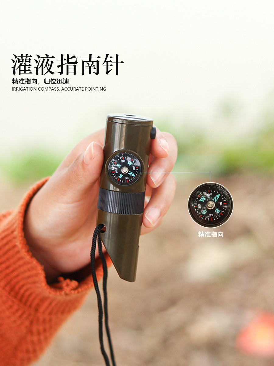 Multifunction Thermometer Outdoor 7 In 1 Survival Whistle Plastic Whistle Compass Magnifier Led Emergency Light