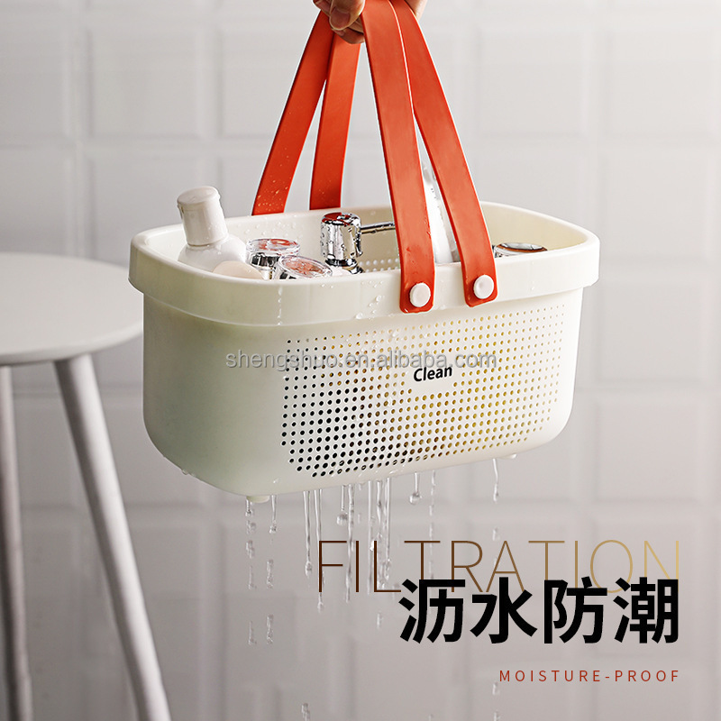 Bathroom Plastic Draining Basket Bath Tool Toiletries Cosmetic Hollow Storage Basket With Silicone Handle