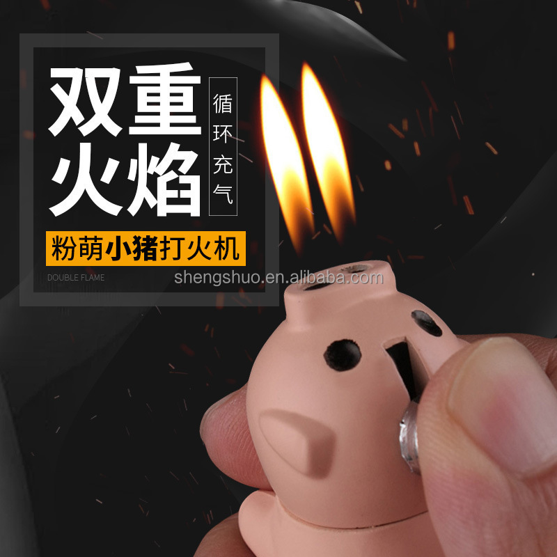 Hot Sale Creative Lighter Mini Piglet Double Torch Butane Gas Cigarette Lighter Outdoor Bbq Ignition Cigar Lighter