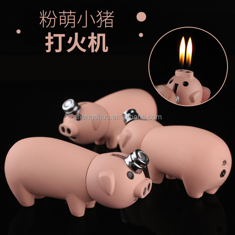 Hot Sale Creative Lighter Mini Piglet Double Torch Butane Gas Cigarette Lighter Outdoor Bbq Ignition Cigar Lighter