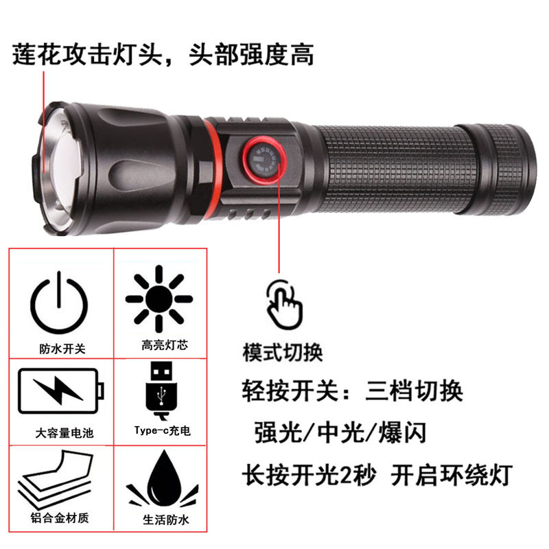 P50 Wick Large-capacity Battery Aluminum Torch Strong Light Type-c Direct Usb Output Zoom Cob Soft Flashlight Tail With Magnet