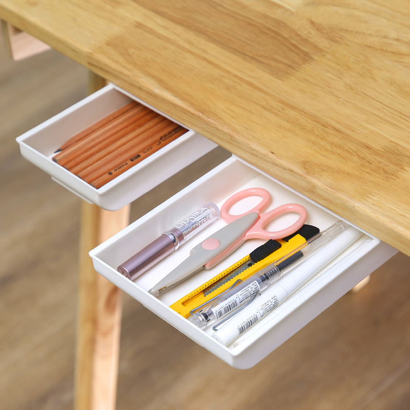 Pencil Drawer Storage Box Self-adhesive ABS Plastic White/Gray Under-Desk