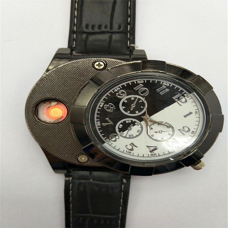 High Quality Rechargeable USB Lighter Watches Date Clock Electronic Men's Casual Quartz Wristwatches Windproof Flame